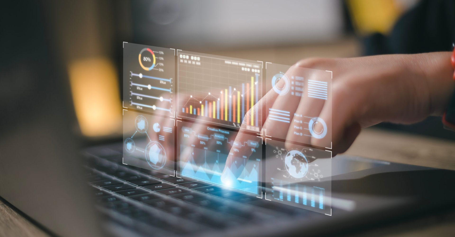 Data analyst working on business analytics dashboard with charts, metrics and KPI to analyze performance and create insight reports for operations management.